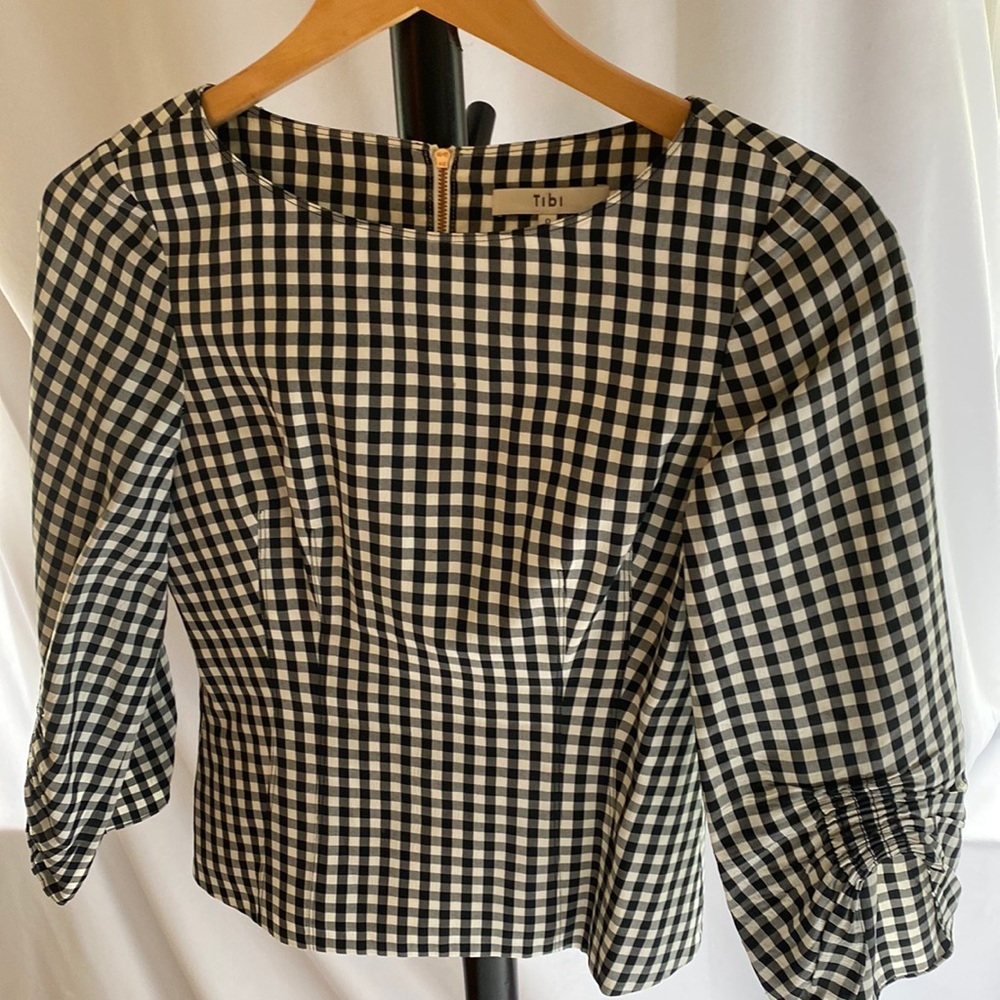 Tibi Black/White Check Fitted Blouse, Back Zipper, 3/4 Sleeves, Size 0